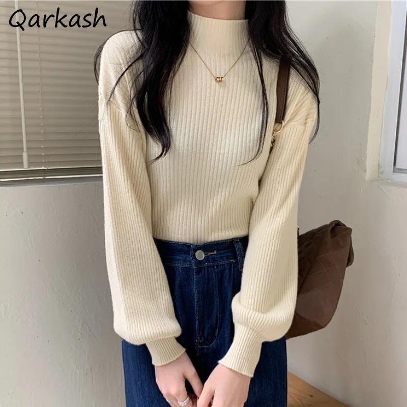 

Pullovers Women Half High Collar Elegant Solid Design Lantern Sleeve Sweaters Chic Tender Female All-match Spring Popular Mujer