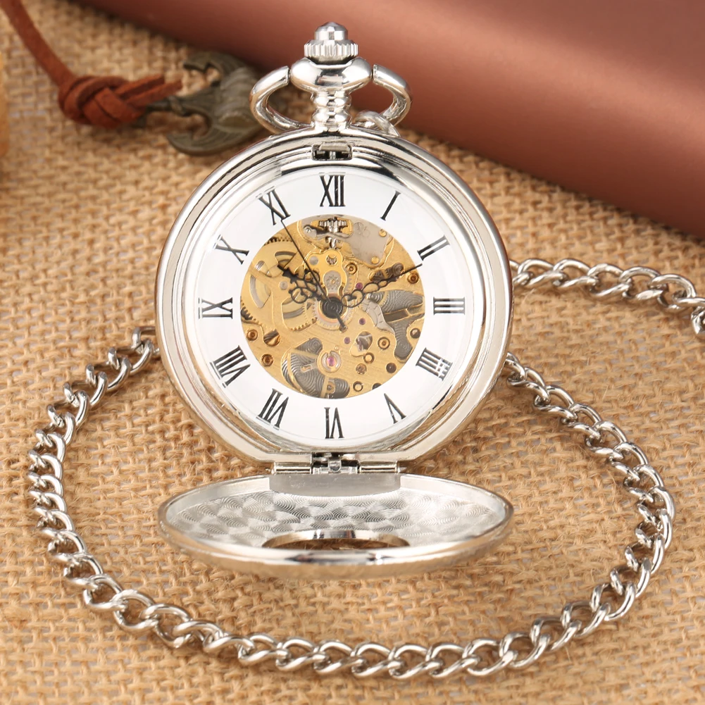 Manual Mechanical Pocket Watch Silver Double Cover Roman Numerals Display Vintage Pendant Pocket Clock Antique Gift Timepiece