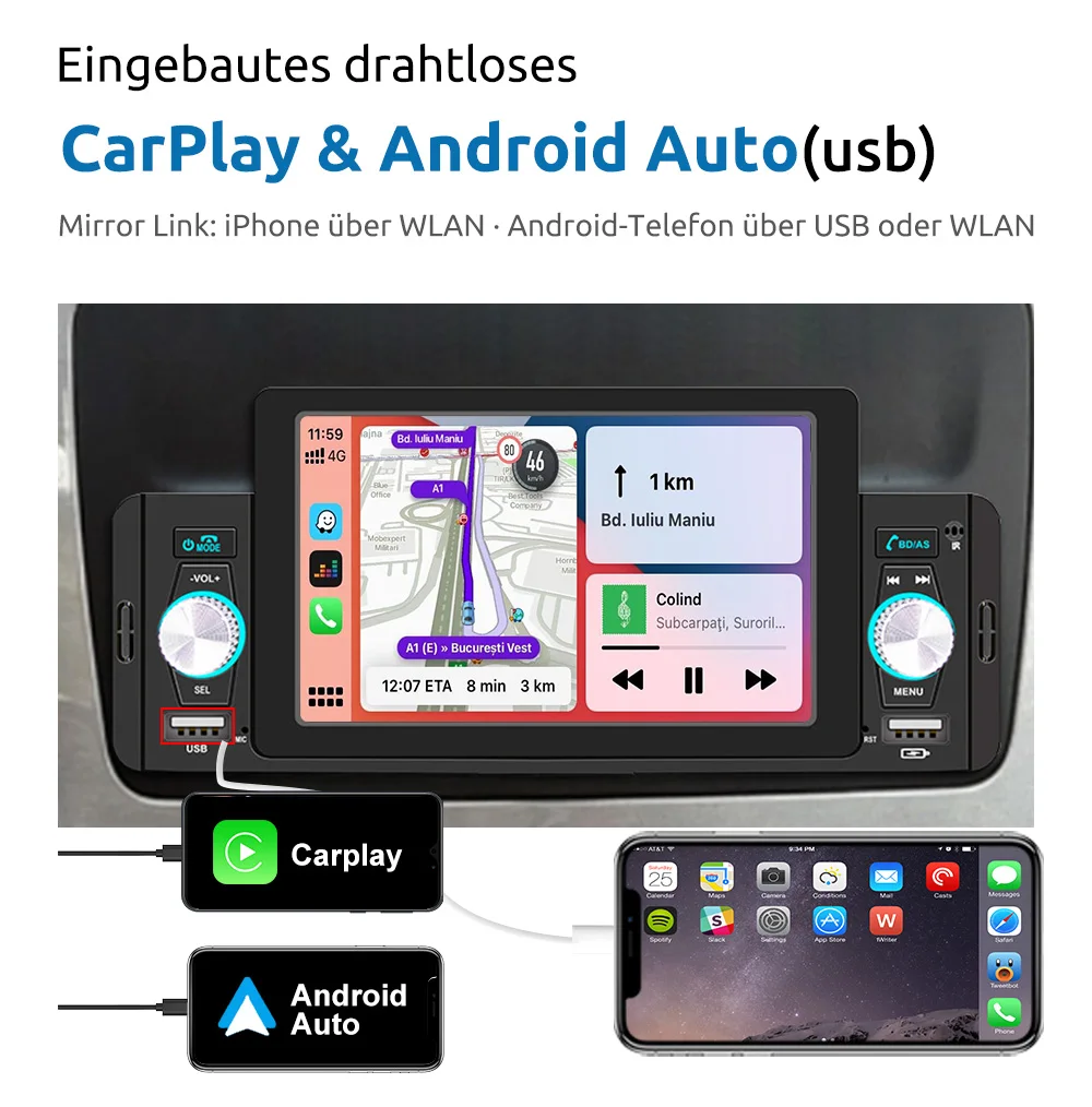 Фото Автомагнитола ESSGOO 1Din, mp5-плеер, Авторадио, стерео, 5-дюймовый IPS экран, Carplay Mirror Link, Bluetooth, универсальный мультимедийный плеер №2