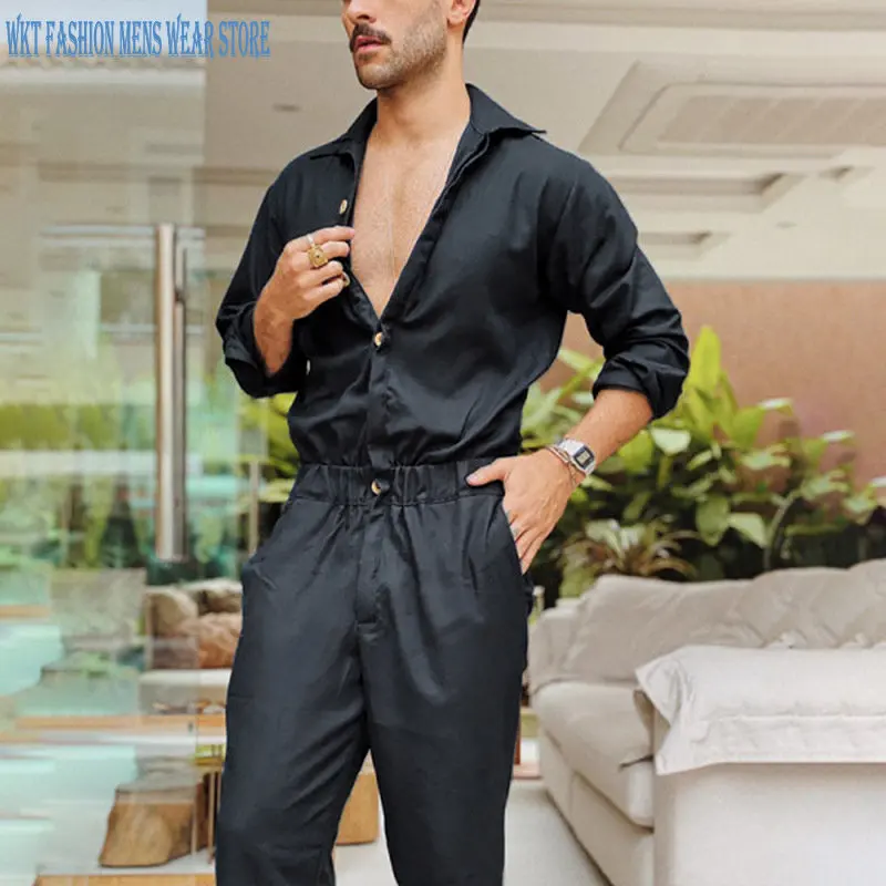 Personalized Men's Clothing Long-Sleeved Single-Breasted Fashion Jumpsuit Polo Collar Solid Color Waist Men casual Sets Button