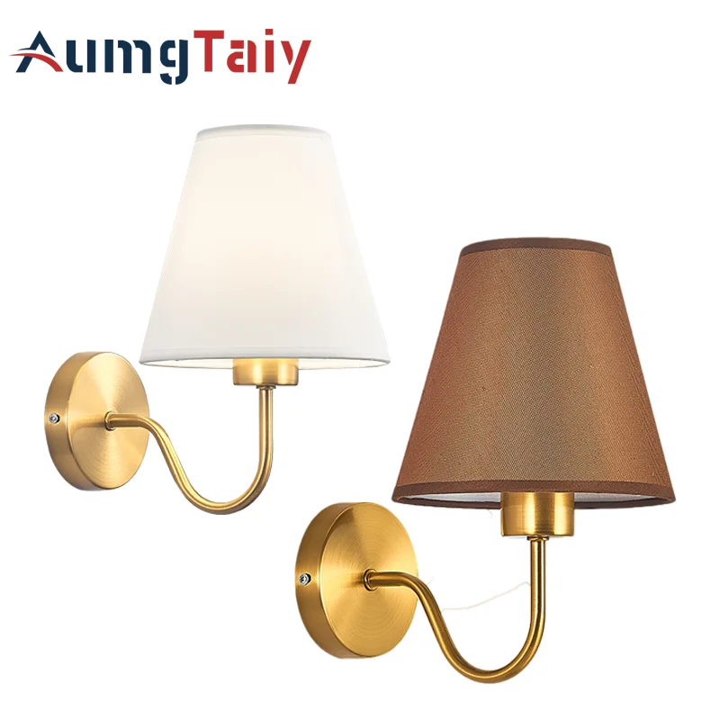 

12W Wall lamps with Fabric Lampshade North Style Indoor Led Lighting for Bedroom Stairs Hotel Bedside Room Decoration Gold Base