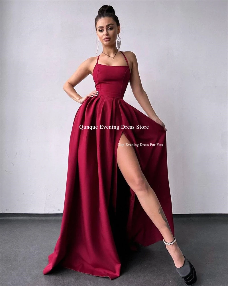 Женское вечернее платье с разрезом Qunque голубое атласное из искусственной кожи