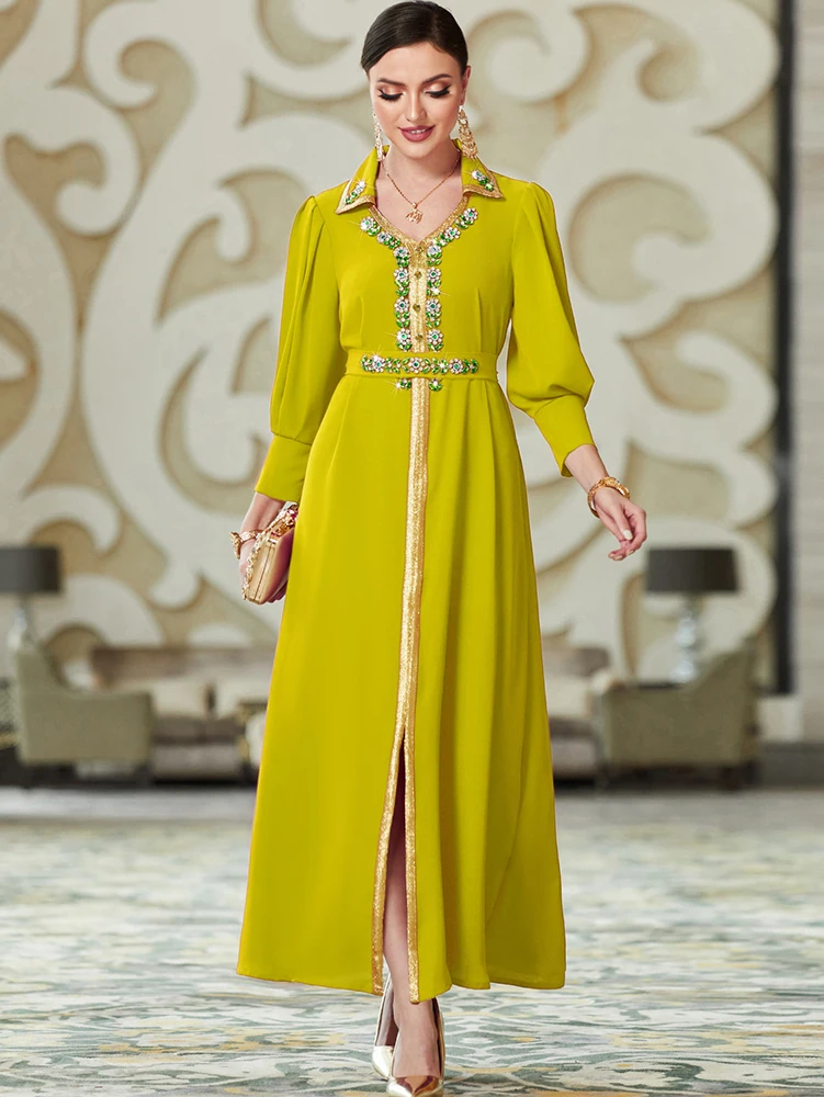

Luxury Abaya Arabic Evening Long Dress for Women Handsewn Rhinestones Muslim Moroccan Party Kaftan Dubai Gulf Jalabiya Ramadan