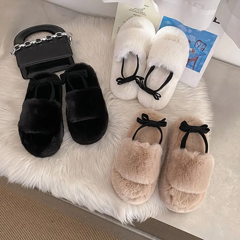 

Женские домашние тапочки на плоской подошве, зимние тапочки из флока на платформе, женские сланцы, мюли на каблуке, из искусственной кожи в р...