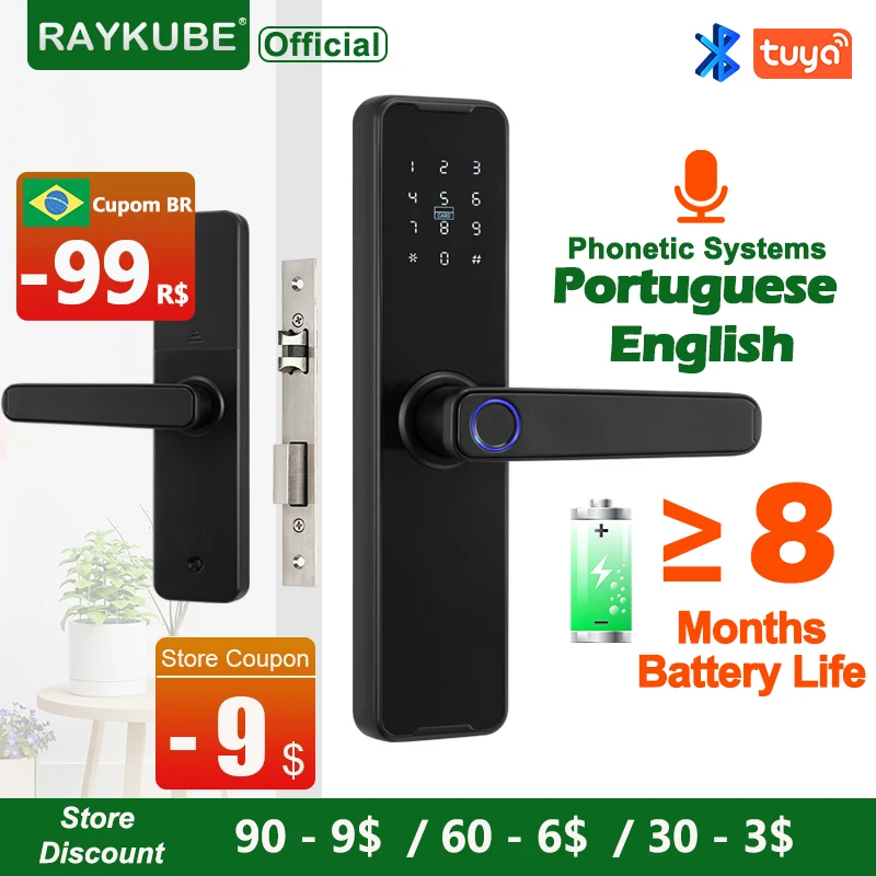 RAYKUBE Biometric Fingerprint Door Lock K7 Pro+ Black Smart Lock Tuya App Remote Unlocking Keyless Lock Electronic Door Lock