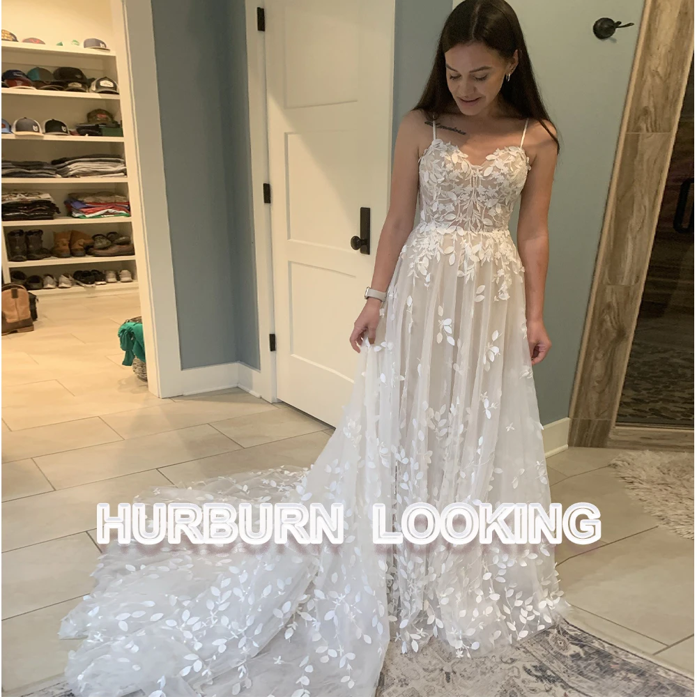 

HERBURN Luxury Wedding Dresses Sweetheart Straps Court Train Zipper Modern Leaf Flowers 2023 Marriage Bride Gown Drop Shipping