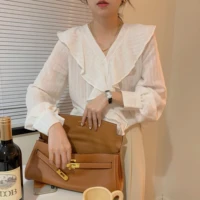 gentle lace collar women blouse solid white breathable soft women shirts long sleeve blouse summer spring blusas mujer moda 2022