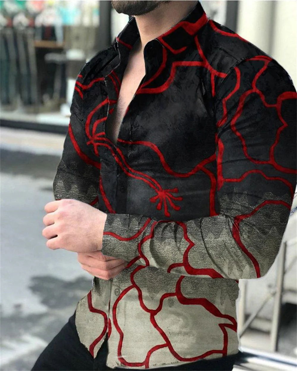 

2022 Spring Casual Lapel Button-Up Shirts Fashion Men's 3D Digital Printing Line Pattern Street Long Sleeve Cardigan Shirt S-4XL