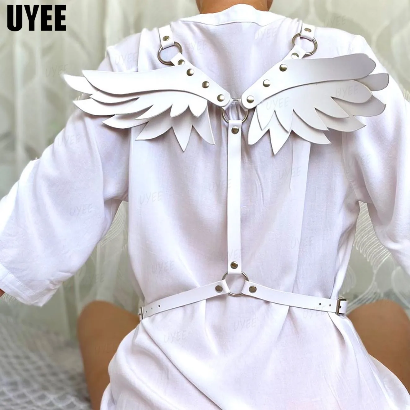 UYEE Punk Angel Wings Woman Red  PU Leather Harness Belt Gothic Fairy Wings Adults Cosplay Festival Kawaii Accessories Halloween images - 6