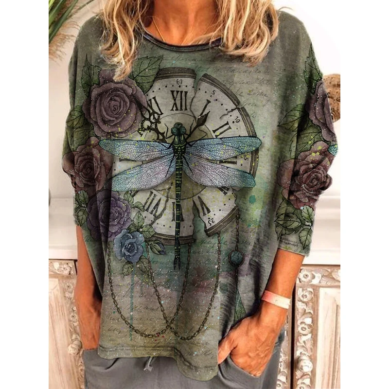 Round Neck Plus Size Tunic Tshirt Women's Casual Oversize Long Sleeve Shirt Tops Loose Vintage Female Tee Streetwear Clothes 6XL