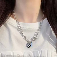 niche design sense chessboard lattice love pendant necklace womens fashion hip hop sweet cool style collarbone chain jewelry