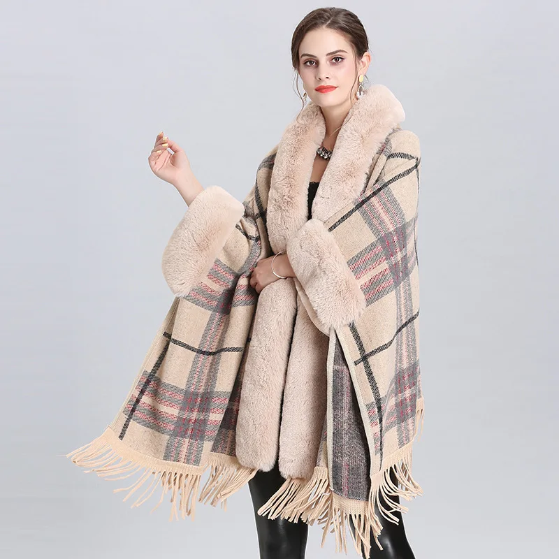 Coat collar plaid hooded tassel cloak shawl knitted shawl cardigan