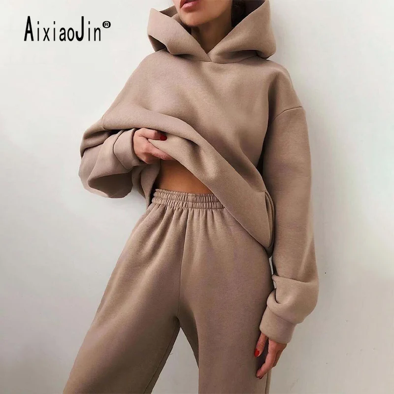 Women's Fleece Lined Sportswear Long Sleeve Solid Hoodie Sweatshirt Spring Autumn Pullover Sweatshirt Pants Two Piece Set