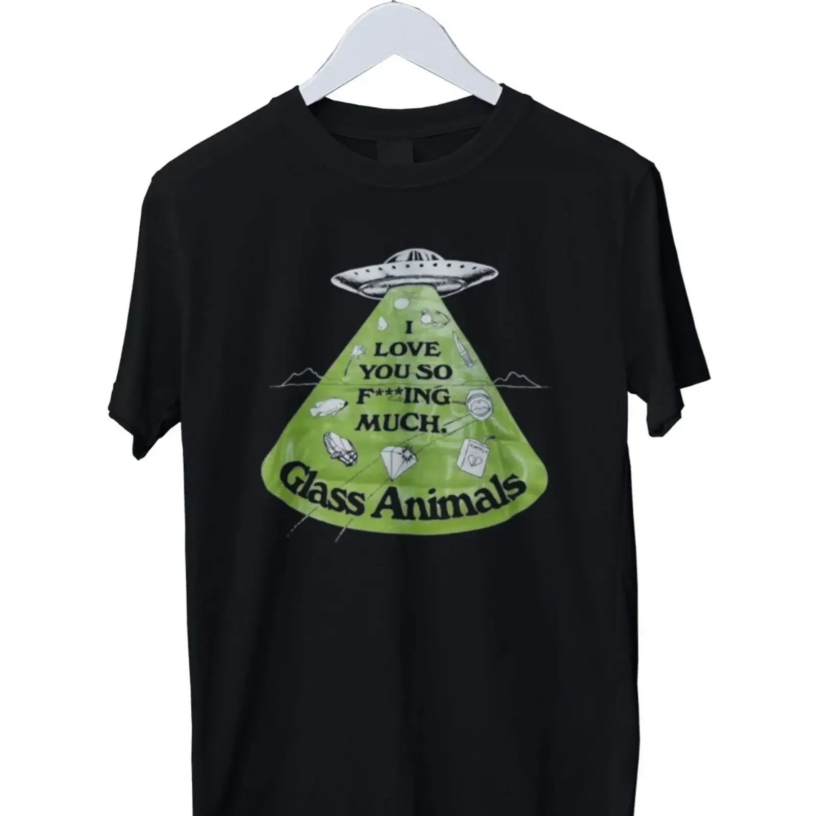 Фото Редкая винтажная футболка группы Glass Animals с принтом UFO, мужская, размеры S, M, L, XL, 2XL, 3XL, 4XL, с эффектом потертости, эластичная, стильная, дизайнерская уличная одежда. №1