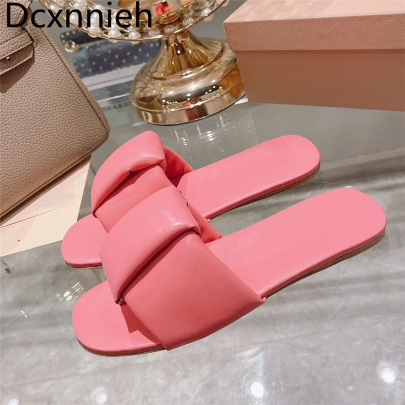

Summer New Flat Heel Bread Slippers Women Round Toe Genuine Leather Simple Slippers Ladies Runway Party Dress Shoes Woman 2022