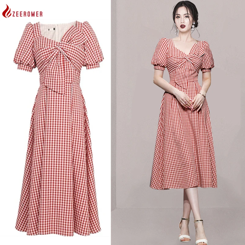 

2022 Summer French Red Black Plaid Bow Dress Women Fashion Temperament Square Collar Short Sleeve Waist Office Ladies Midi Dress
