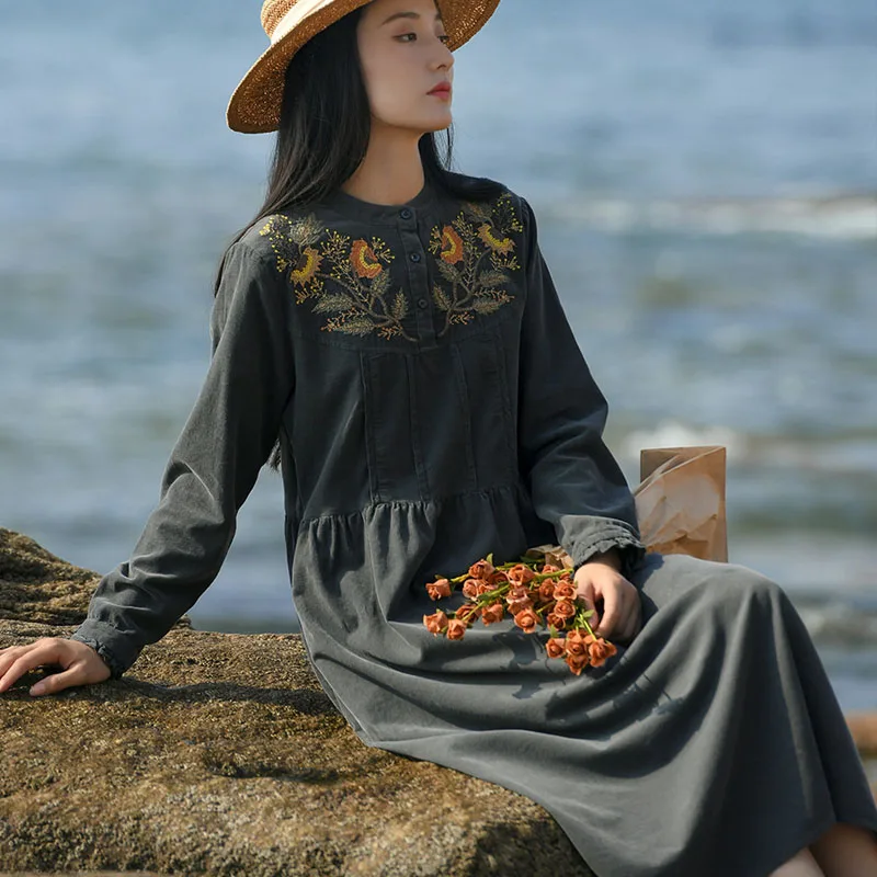 

Dress Women Casual Dress Maxi Corduroy Dress Long Embroidery Femme Cotton Autumn New Long Sleeve Stand Collar Ladies Robe