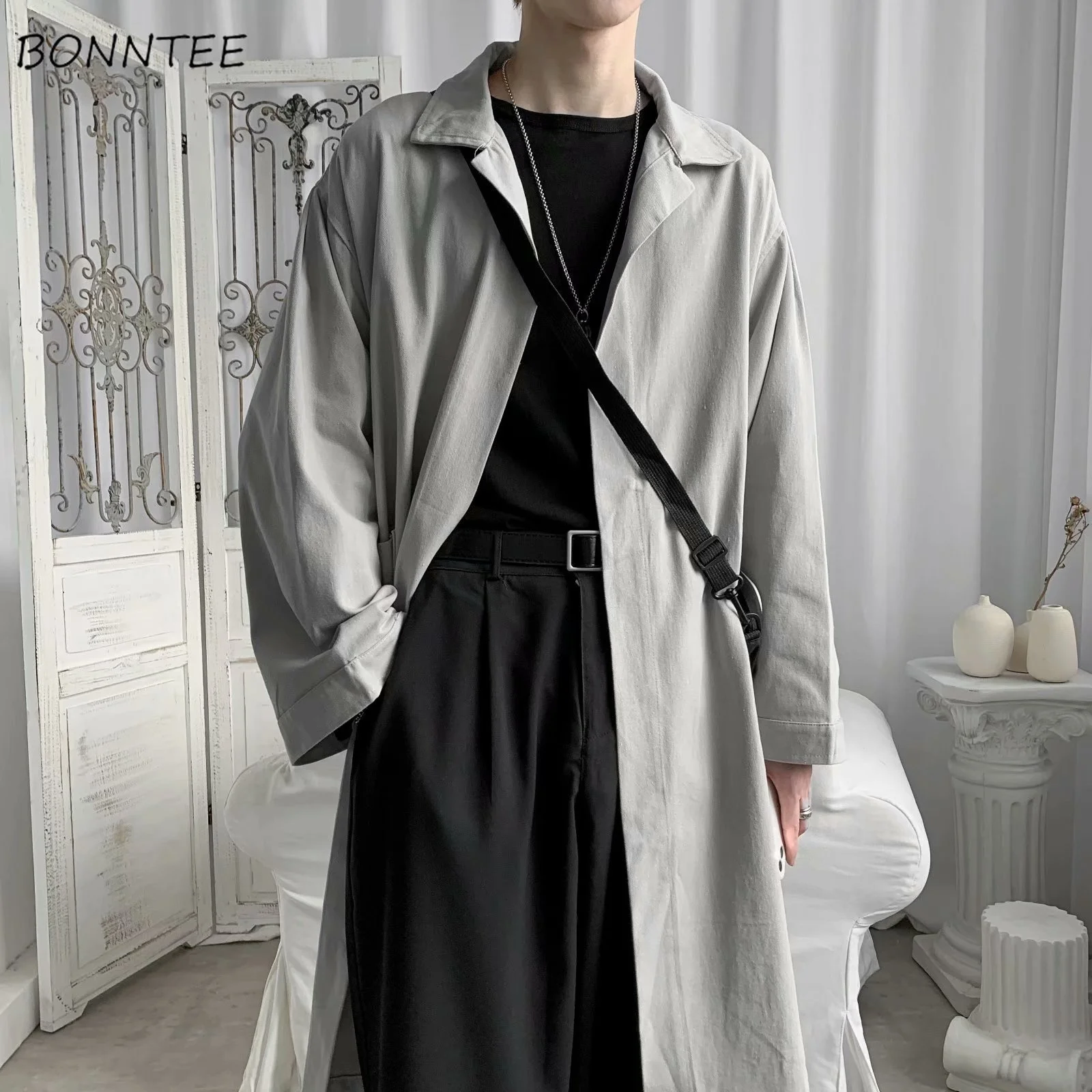 

Trench Men Loose Solid Coats All-match Casual Handsome Turn-down Collar Tops Hong Kong Style Design Sashes Male New Arrival Chic