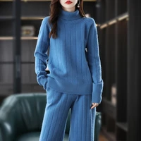 autumn winter new womens knit fashion chic two piece turtleneck pullover sweater 100 wool sports casual retro loose pants set