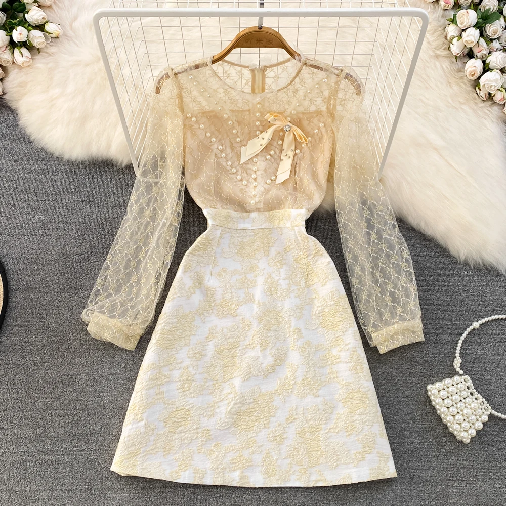 

Autumn and Winter Socialite Temperament Round Collar Set Bead Bow Lace Long Sleeve Spell Receive Waist Slimming A Jacquard Dress