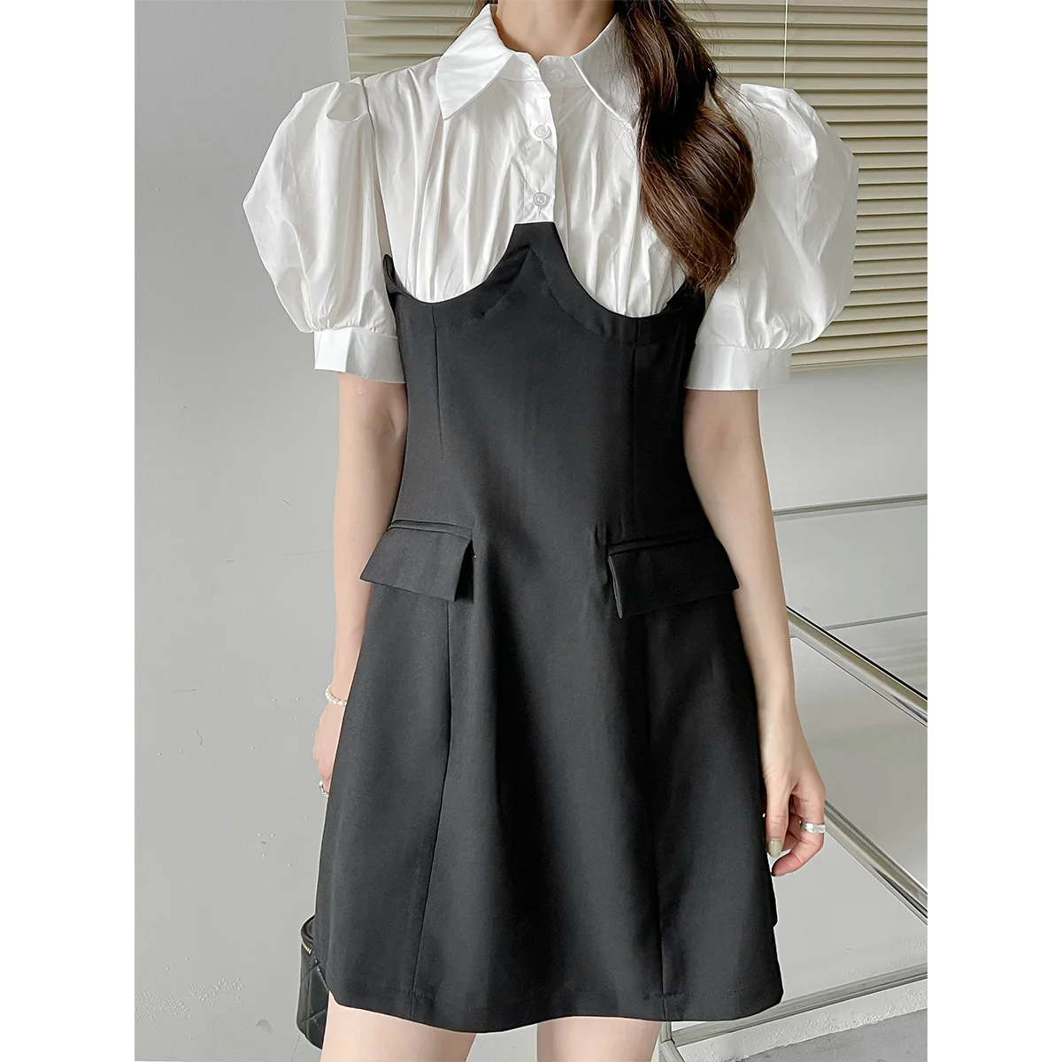 

COIGARSAM Women's Summer Dress 2022 Patchwork Solid Puff Sleeve Gray Black Dresses Dropshipping