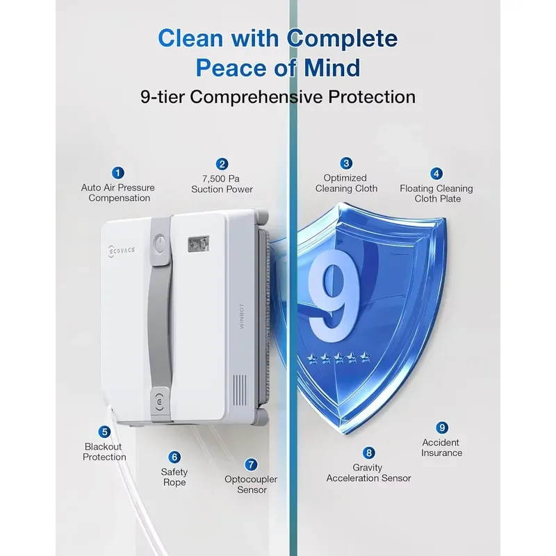 Фото ECOVACS Мини-пылесос для окон с обнаружением края, 7500 Па, умные датчики препятствий, ультразвуковое распыление для очистки грязи и стекол в ванной №5