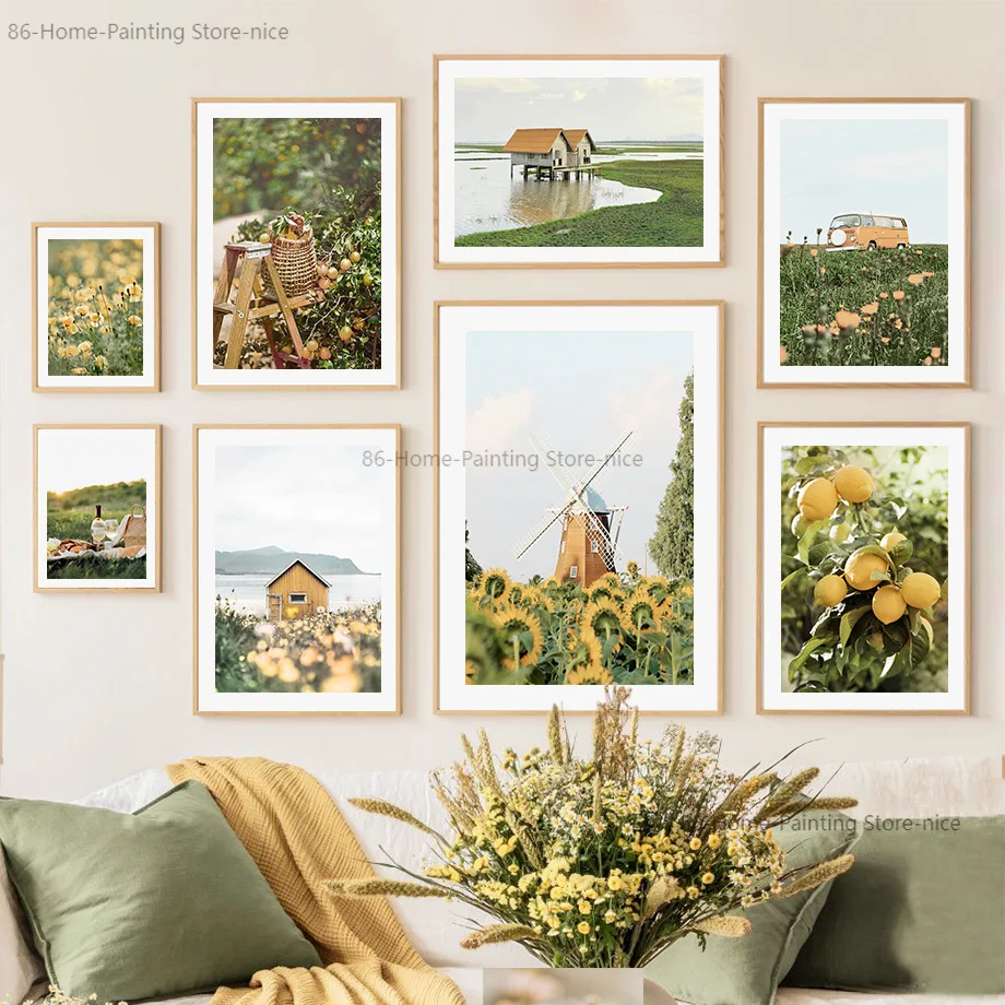

Весенний Зеленый пейзаж, настенная Картина на холсте, оранжевые Подсолнухи, скандинавские плакаты и принты, настенные картины для декора гостиной