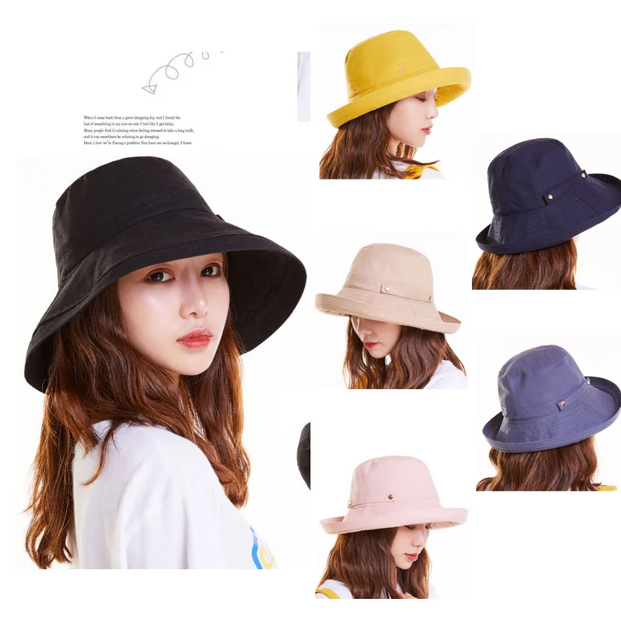 Fisherman's Hat Female Cotton Linen Simple Basin Cap Beach Outing Large Edge Windproof Sunscreen Sun Hat Free Shipping Sun Visor