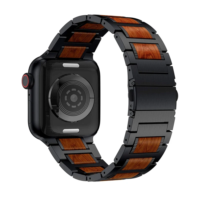 sandalwood wood strap for apple watch band 45mm 41mm 44mm 40mm 42 MM 38mm Stainless Steel Link Bracelet iWatch series 4 5 6 SE 7