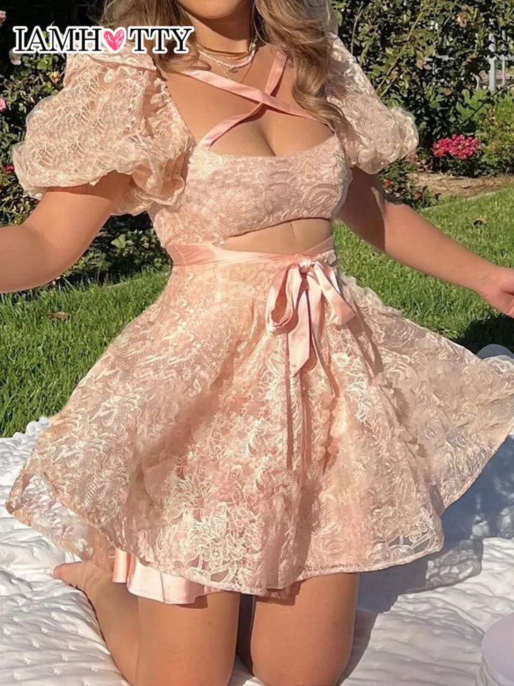 

IAMHOTTY Square Collar Lace-up Jacquard A-line Dress Orange Puff Short Sleeve Ball Gown Kawaii Dresses Party Fairycore Outfit
