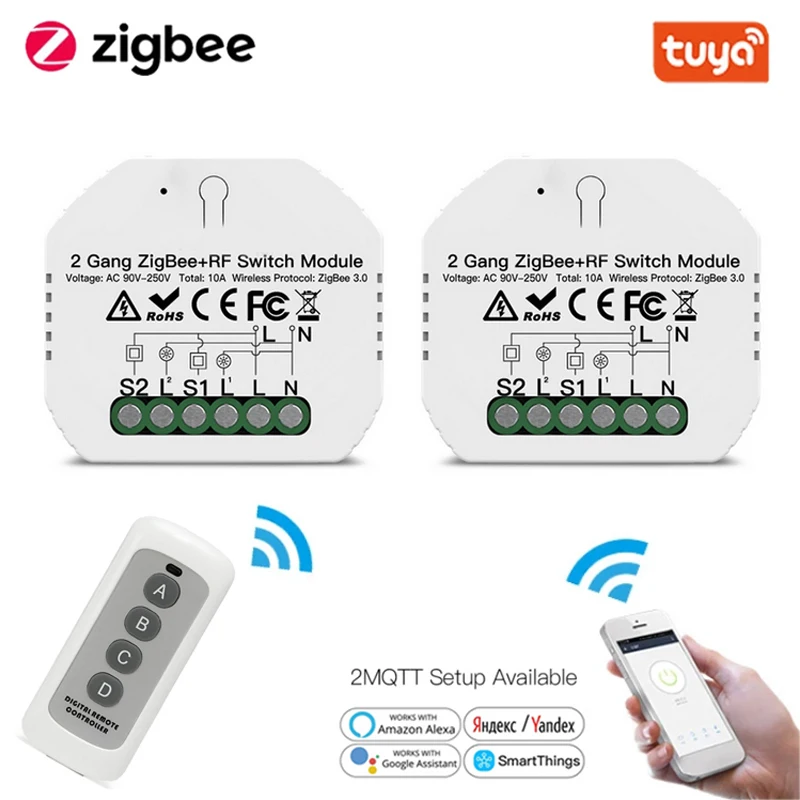 

ZigBee 3.0 Tuya Smart Life RF 2 Gang Switch Relay Breaker Module Automation Smart Lighting W/Remote for Google Alexa Smart Home