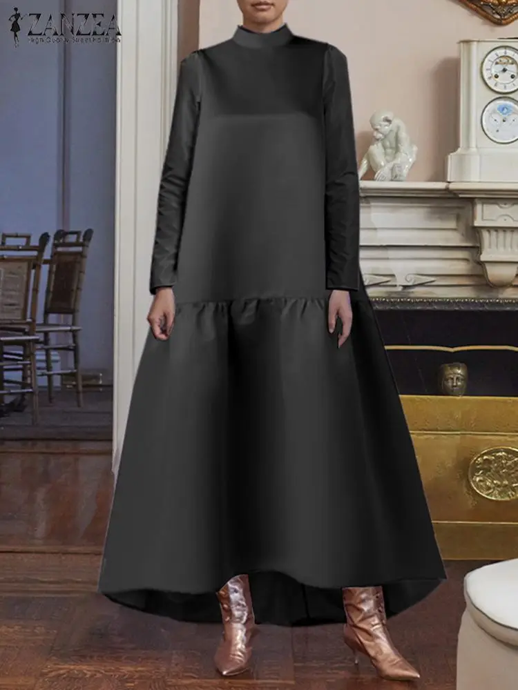 

Платье ZANZEA женское глянцевое ТРАПЕЦИЕВИДНОЕ, атласное свободное Макси-платье с длинным рукавом, воротником-стойкой и широким подолом, модная повседневная одежда