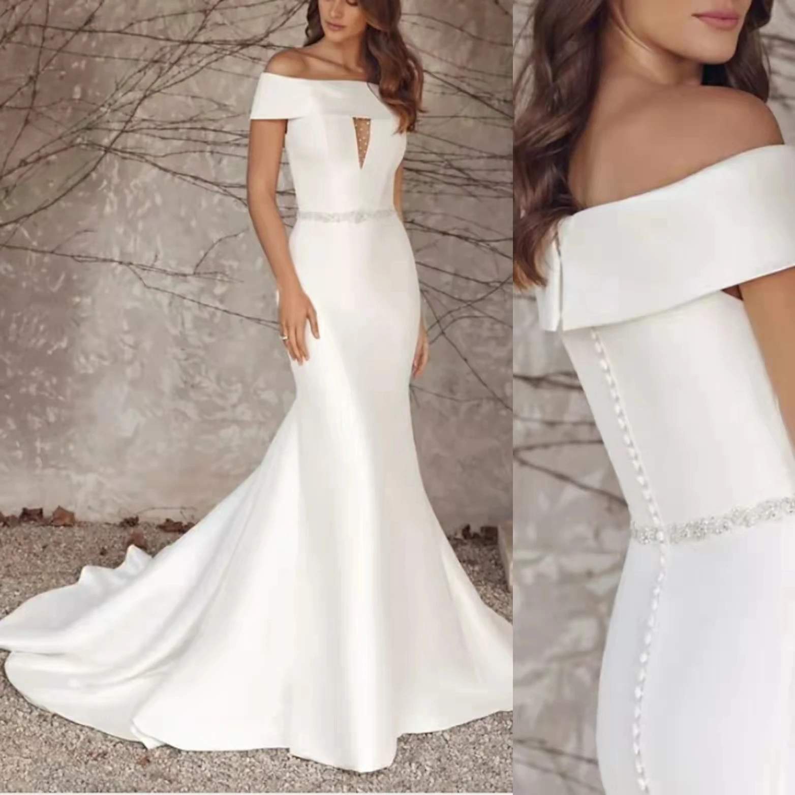 

Женское атласное платье с юбкой годе, Элегантное Длинное платье с открытыми плечами и шлейфом, платье невесты с поясом из бисера