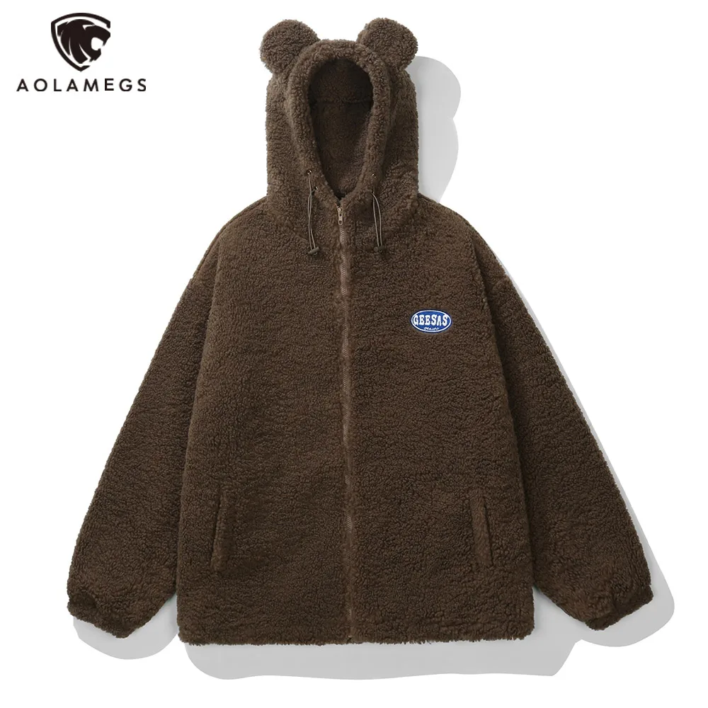 

Lambswool Men's Hooded Jacket Furry Ears Graphics Jacket Coats Harajuku Casual Hip Hop Jacket College Style Hipster Streetwear