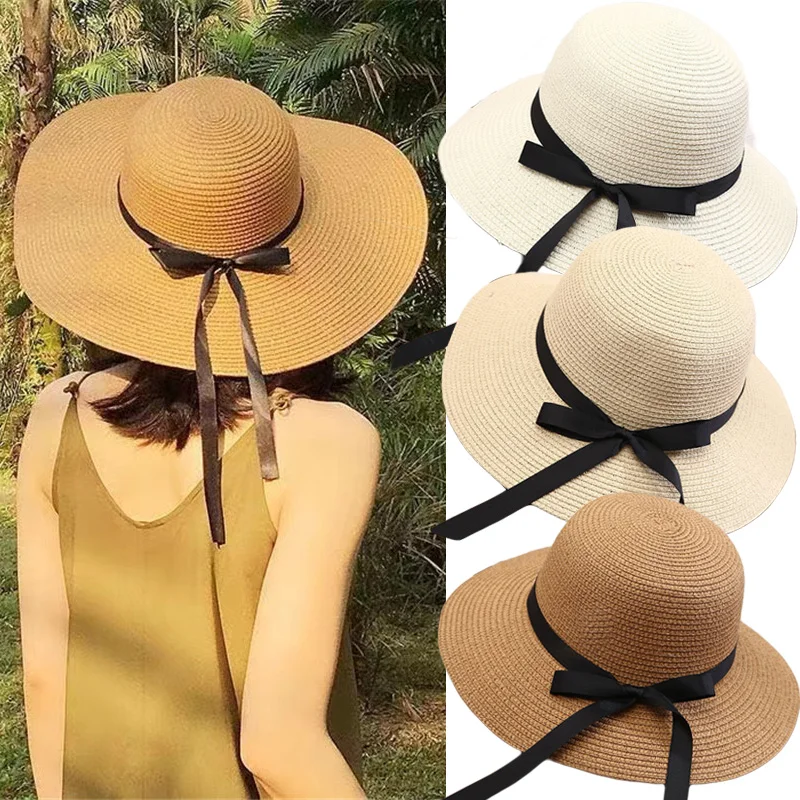 

2022 New Summer Floppy Straw Hat Woman Foldable Beach Sun Hats Leisure Journey Outdoors Vacation Cap UV Protection Wide Brim Hat