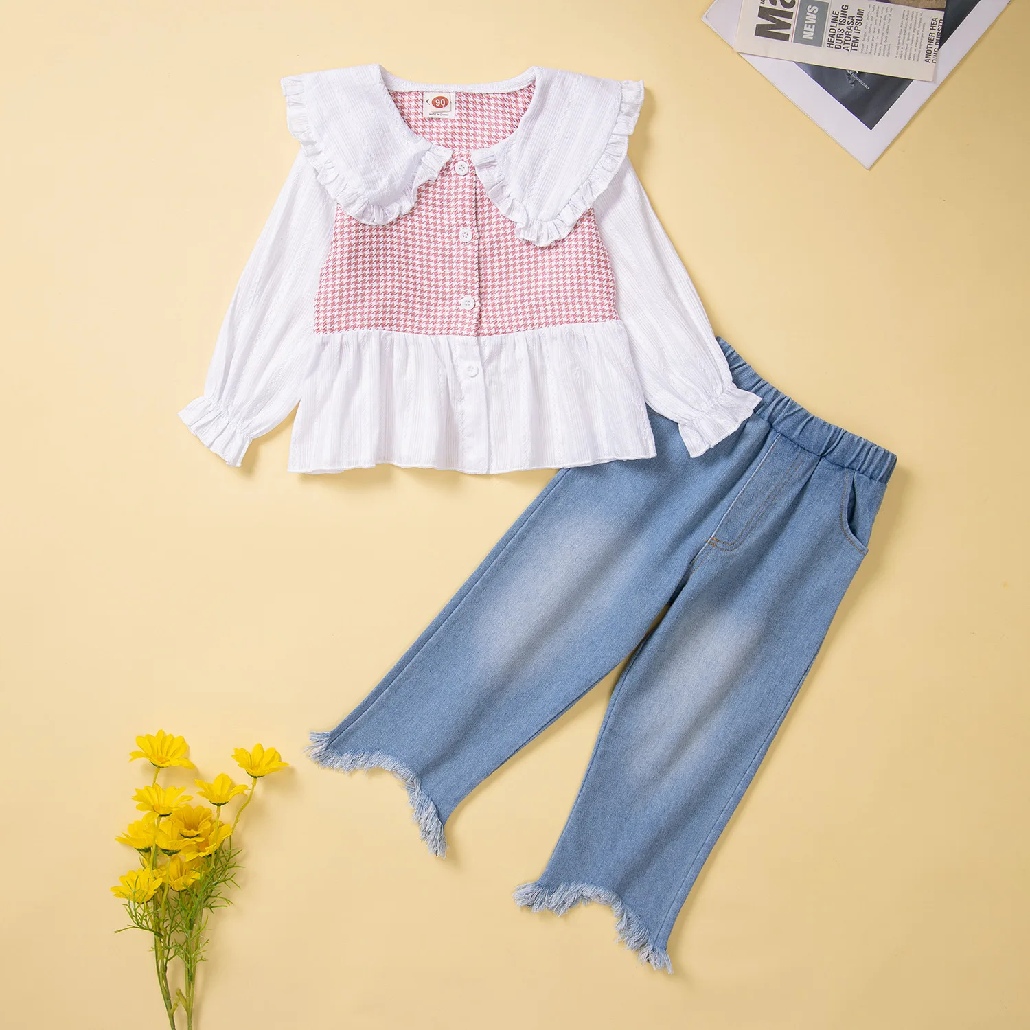 

2022 Autumn New Light Luxury Fashion Girls Suits European and American Style Kids Tops Denim Trousers Suits Boutique Clothing