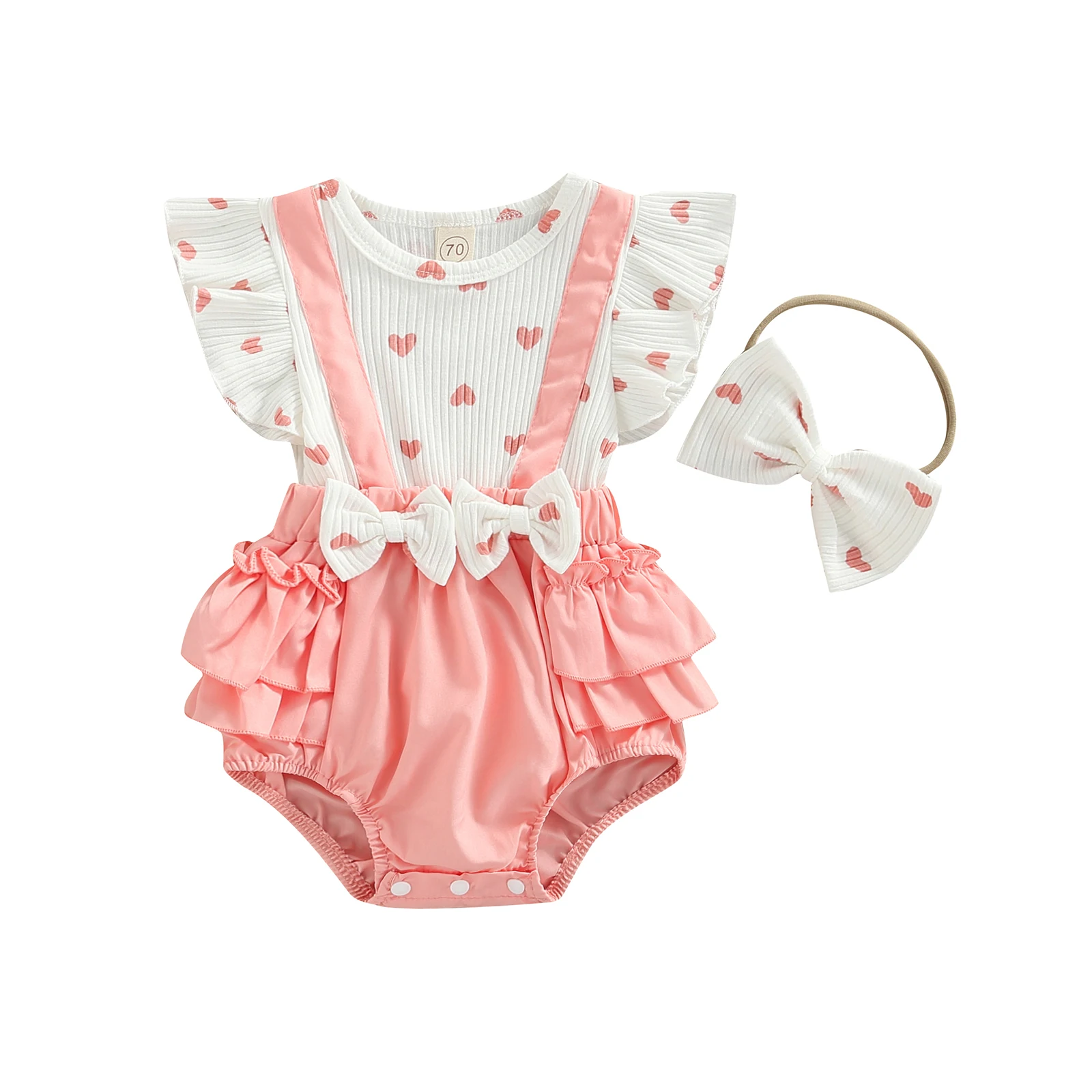 

Infant Girls Layette, Pink Heart Pattern Fake Two Pieces Romper and Bow Knot Headdress
