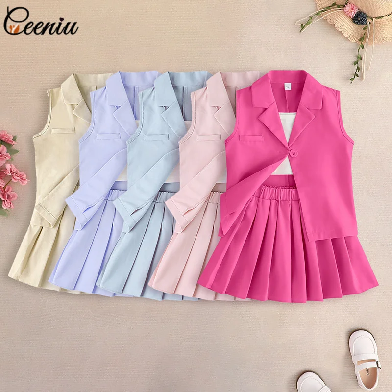 

Ceeniu 3-8Y Kids Clothes Girls Skirts Outfit Sets Lapel Blazer Coat+Vest Top+Pleated Skirt 3pcs Summer Girls Skirts Suit