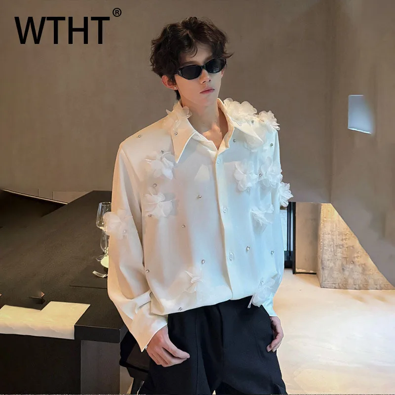 Фото WTHT модные мужские рубашки с тяжелыми Industy 3D цветочными бусинами, модные осенние однотонные топы с длинными рукавами и лацканами 202, Mlae 2A2061 №1
