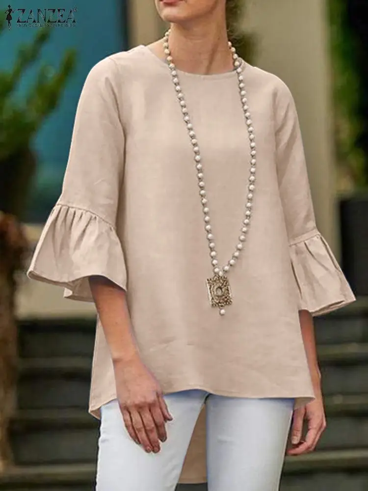 

ZANZEA Femme Fashion Work OL Shirts Autumn Cotton Blouse 3/4 Ruffle Sleeve O-Neck Solid Color Blusas Elegant Vintage Tops 2023