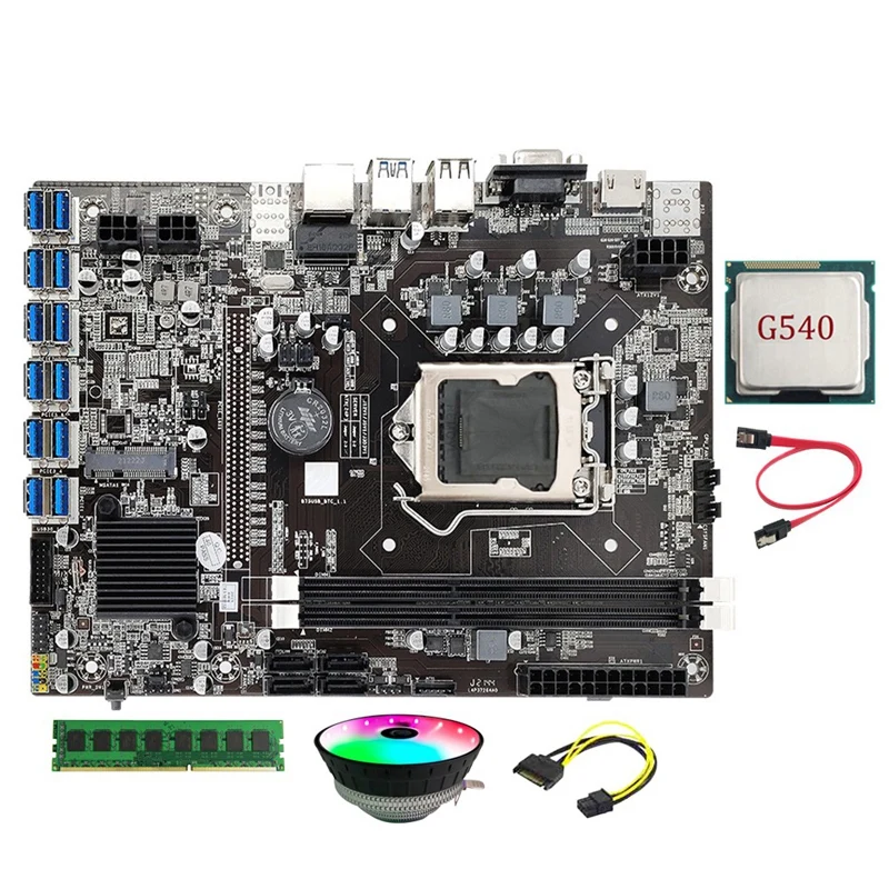 

B75 ETH Mining Motherboard 12 PCIE To USB LGA1155 G540 CPU+SATA 15Pin To 6Pin Cable+DDR3 8GB 1600Mhz RAM+Cooling Fan