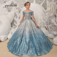 2022 blue flower girl dresses off the shoulder elegant sequins ball gowns with bow pageant gowns princess piano party dress