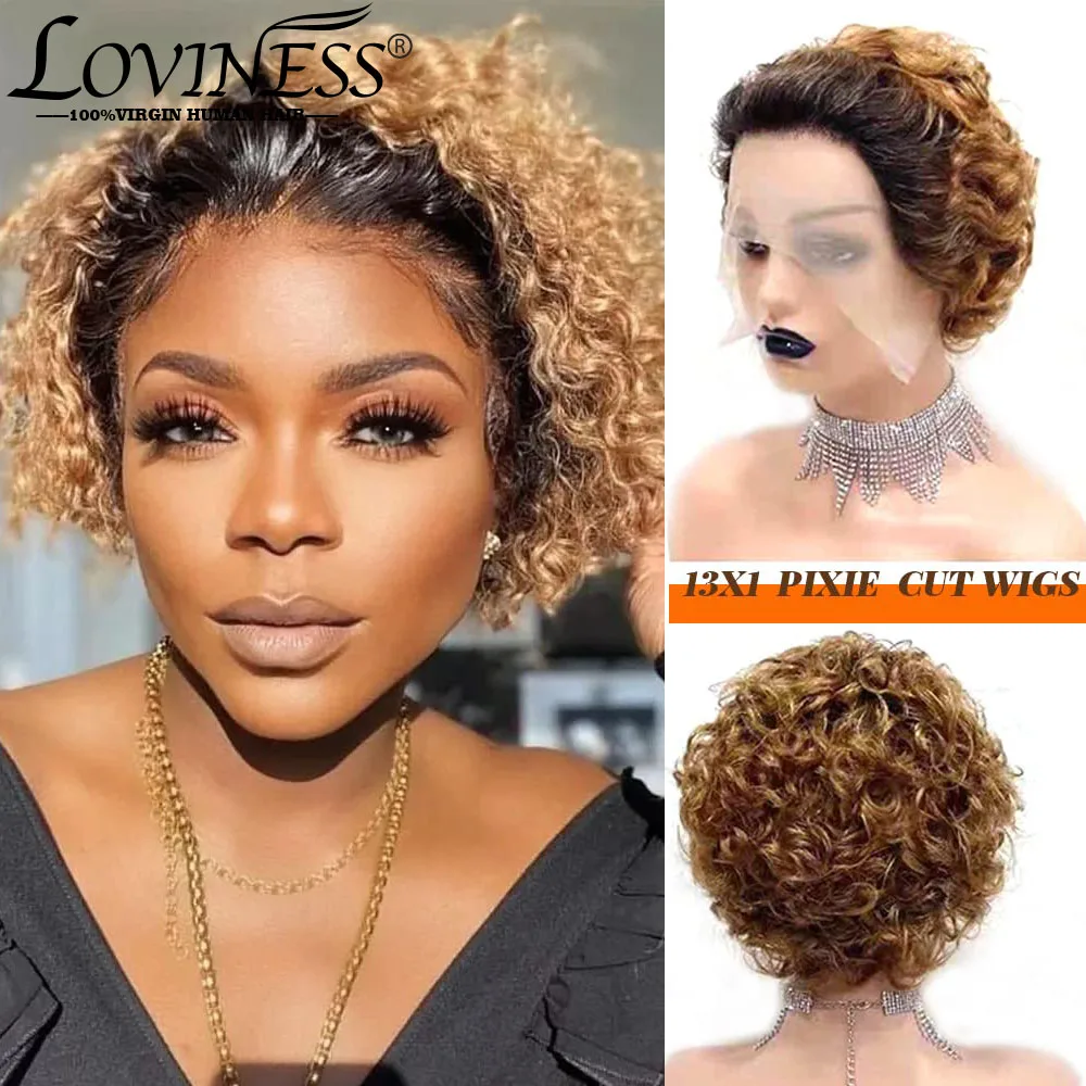 

Ombre Blonde 1B27 Curly Pixie Cut Wig Human Hair 150% Density Glueless Pre Plucked 13x1 Lace Front Short Bob Wigs with Baby Hair