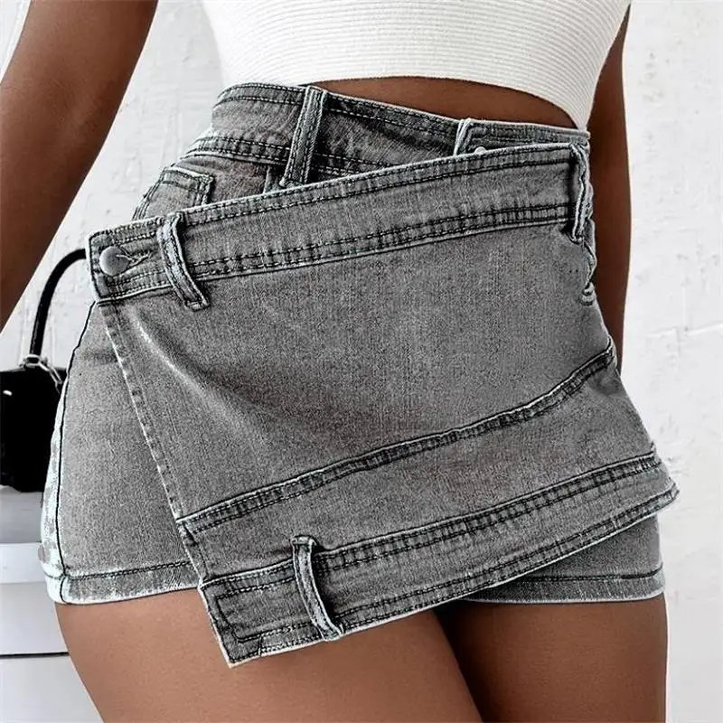Women's Vintage Denim Shorts Skirt High Waist Button Zipper Irregular Jeans Fashion All-Match Daily Party Club Shorts Streetwear