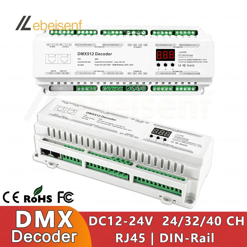 DC 12V-24V 3A*24CH 32CH 40CH DIN Rail DMX Decoder CV PWM RJ45 8-bit,16-bit DMX512/1990 Single color CCT RGB RGBW LED Controller