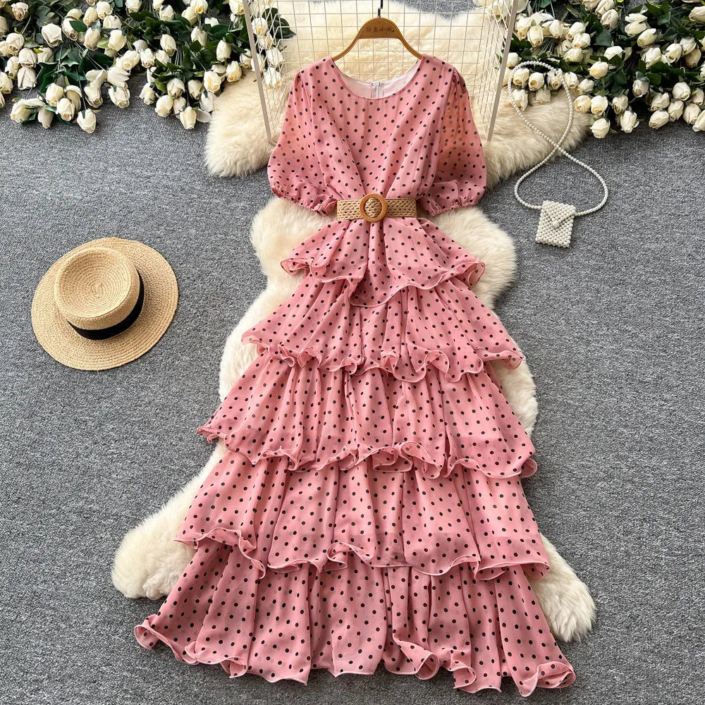 Фото Женское длинное платье Cake Dress, А-силуэт, Y2K, уличный стиль, с круглым вырезом, коротким рукавом, принтом в горошек, элегантное, для вечеринок, ночных мероприятий, работы, 2026 №2