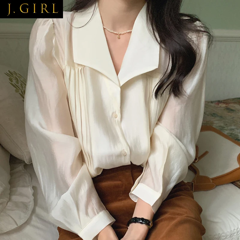 

J GIRLS Women Blouse Elegant Temperament Loose All Match Clothing Turn Down Collar Single Breasted Long Sleeve Ladies Shirt