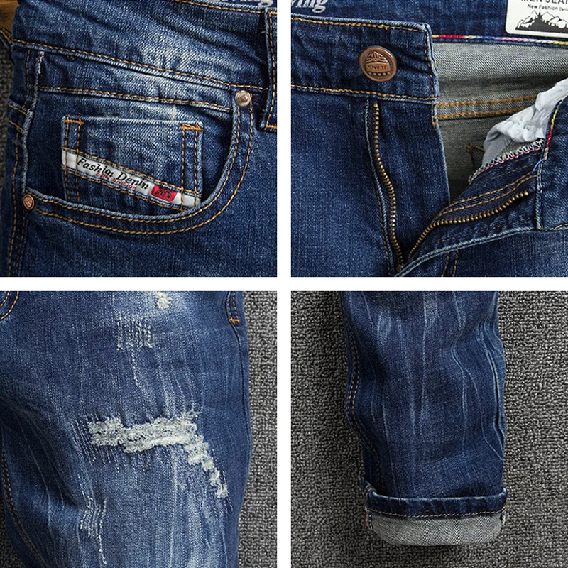 Streetwear Fashion Men Jeans Retro Blue Stretch Elastic Slim Fit Ripped Jeans Men Patched Designer Vintage Denim Pants Hombre