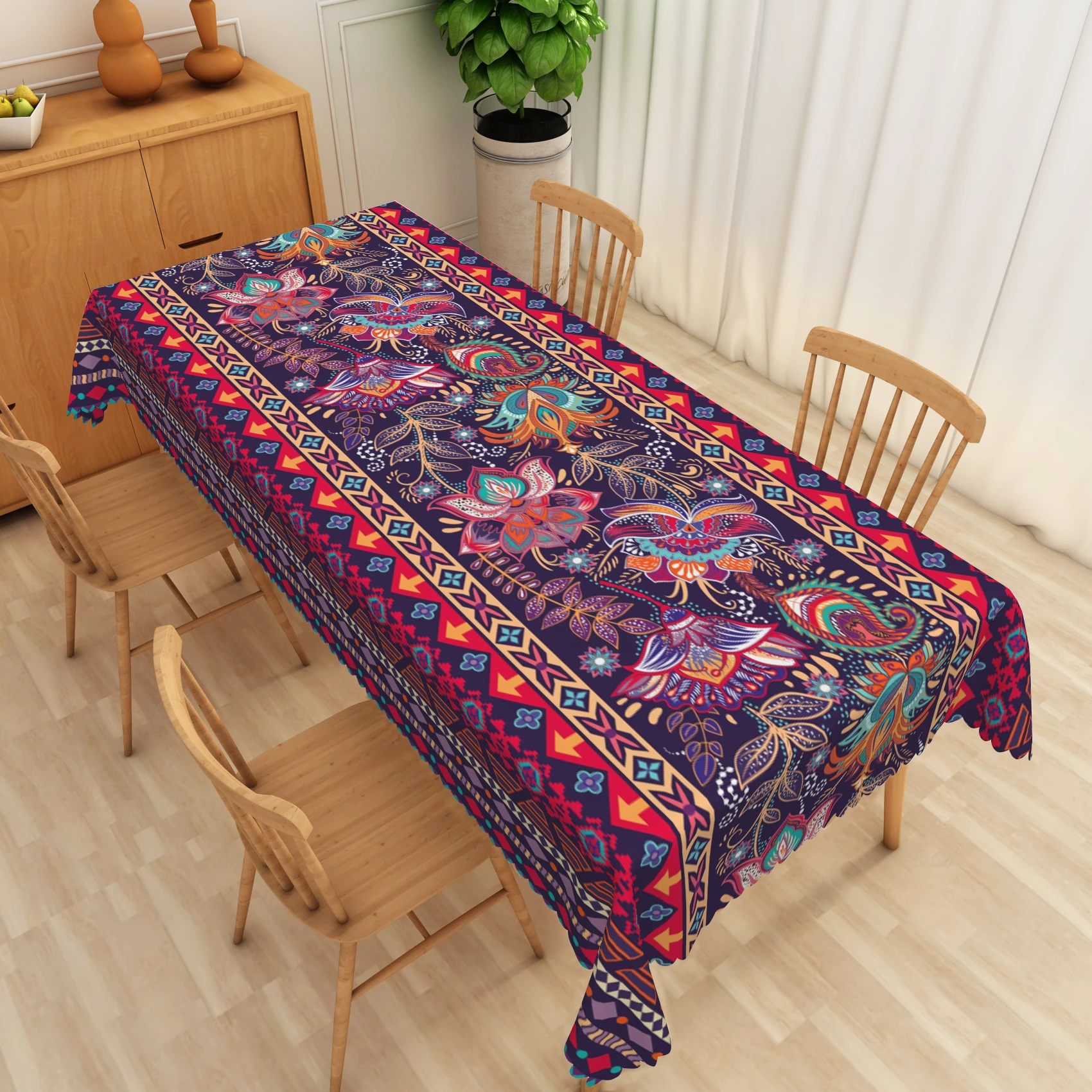 

Laeacco Bohemian Purple Floral Tablecloth Waterproof Rectangle Mandala Hippie Table Cover Suit Kitchen Dining Room Table Decor