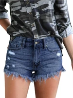 spring and summer new fashion temperament hole solid color denim shorts sexy slim mid waist foot slit tassel foot ladies shorts